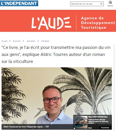 Interview d'Aldric Tourres dans le journal l'Indépendant à propos de son roman L'Appel des vignes