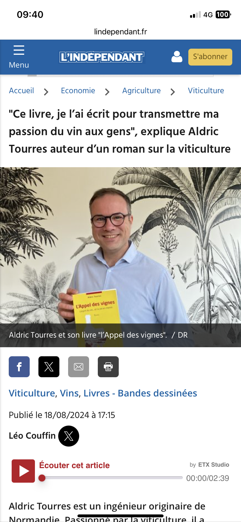 Interview d'Aldric Tourres dans le journal l'Indépendant à propos de son roman L'Appel des vignes